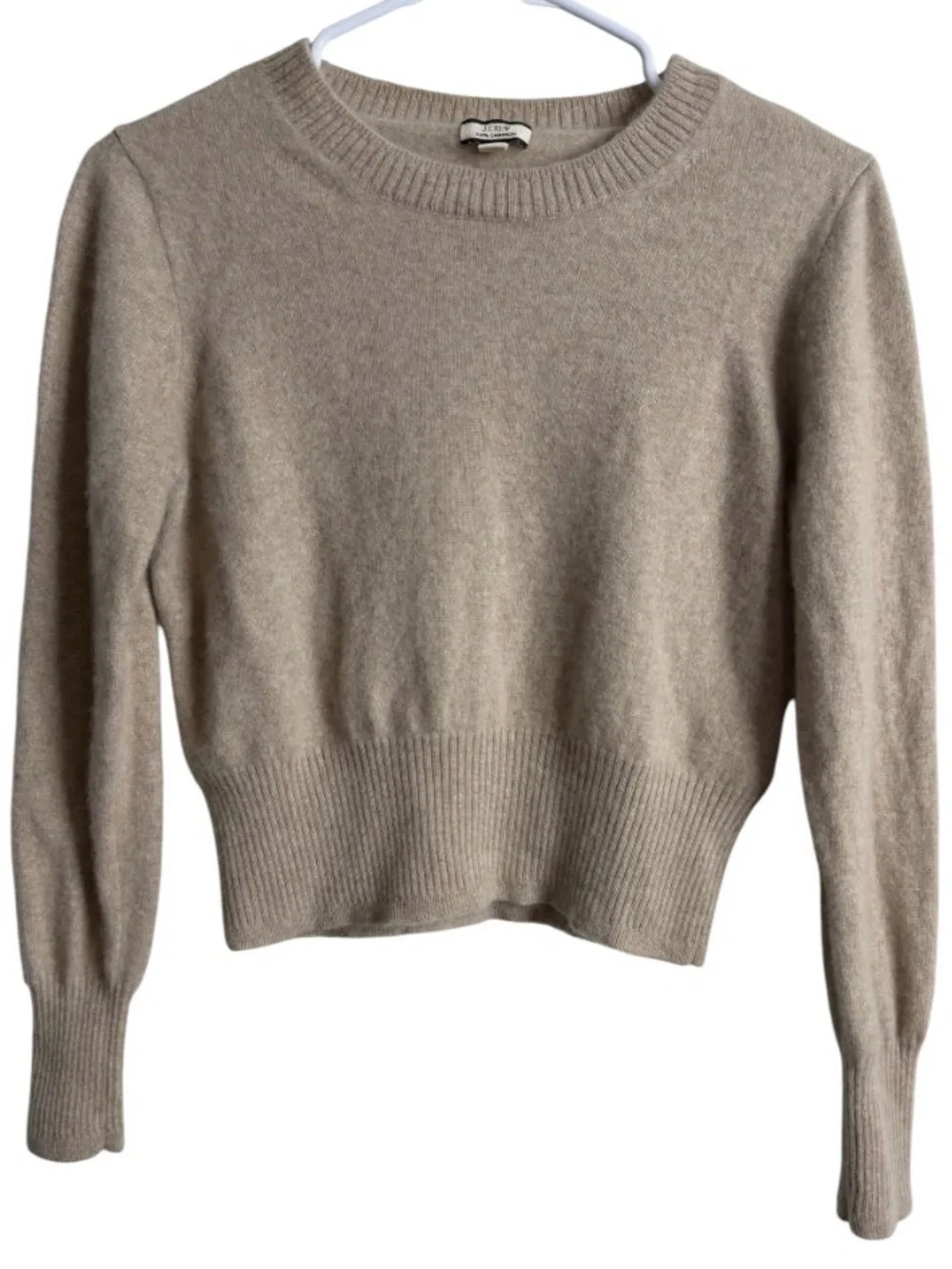 J.Crew Cashmere Cropped Crewneck Sweater Beige Taupe Classic Preppy Quiet Luxury